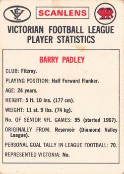 1974 Scanlens VFL #132 Barry Padley Back